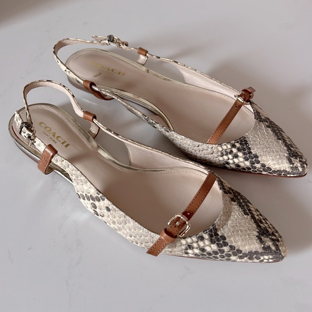 Coach Beige Snake-Print Leather Slingback Flats with Brown Straps